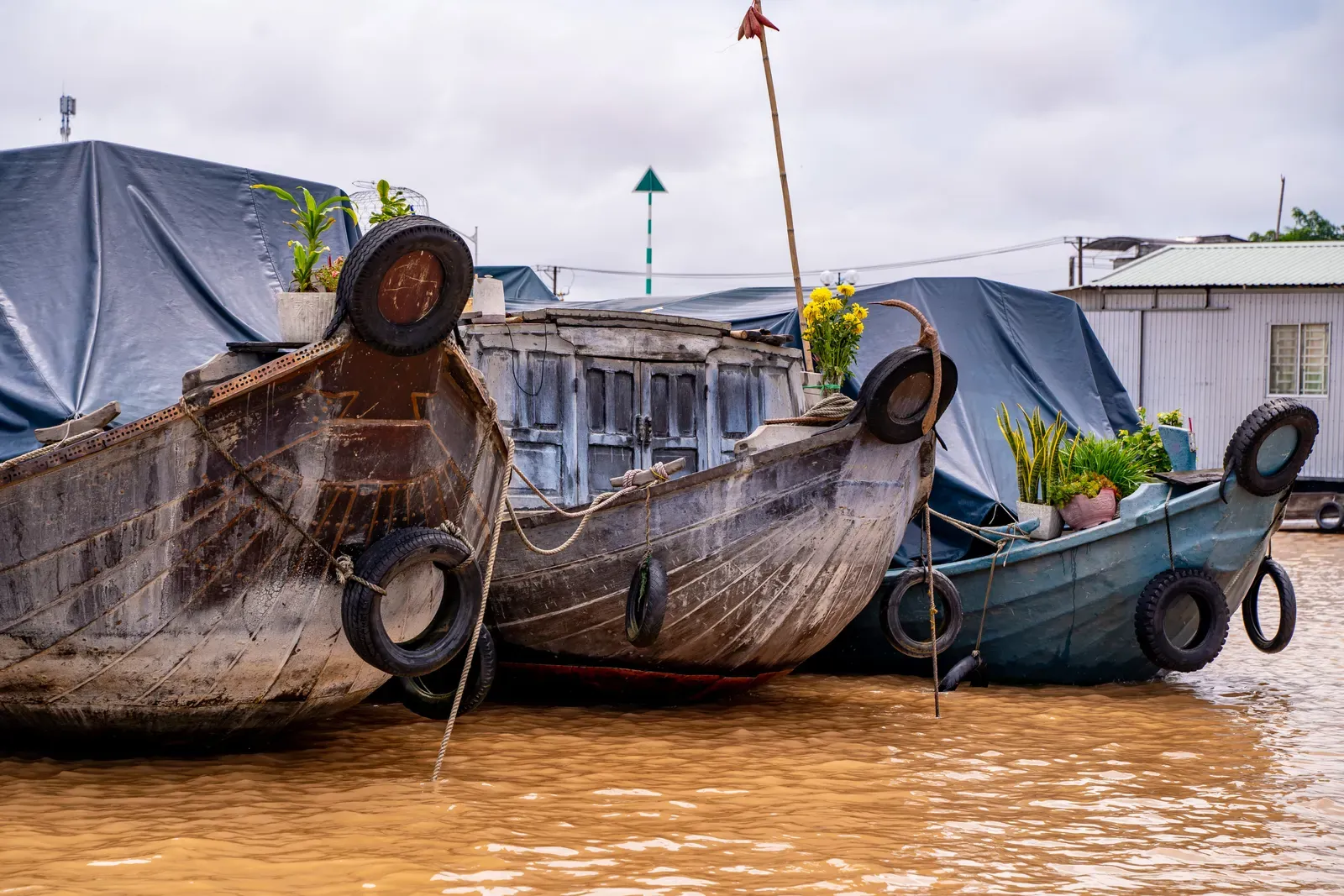 Produce boats at a floating market in the Mekong Delta