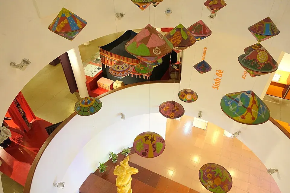 Colorful hanging hats inside the Vietnamese Women's Museum in Hanoi