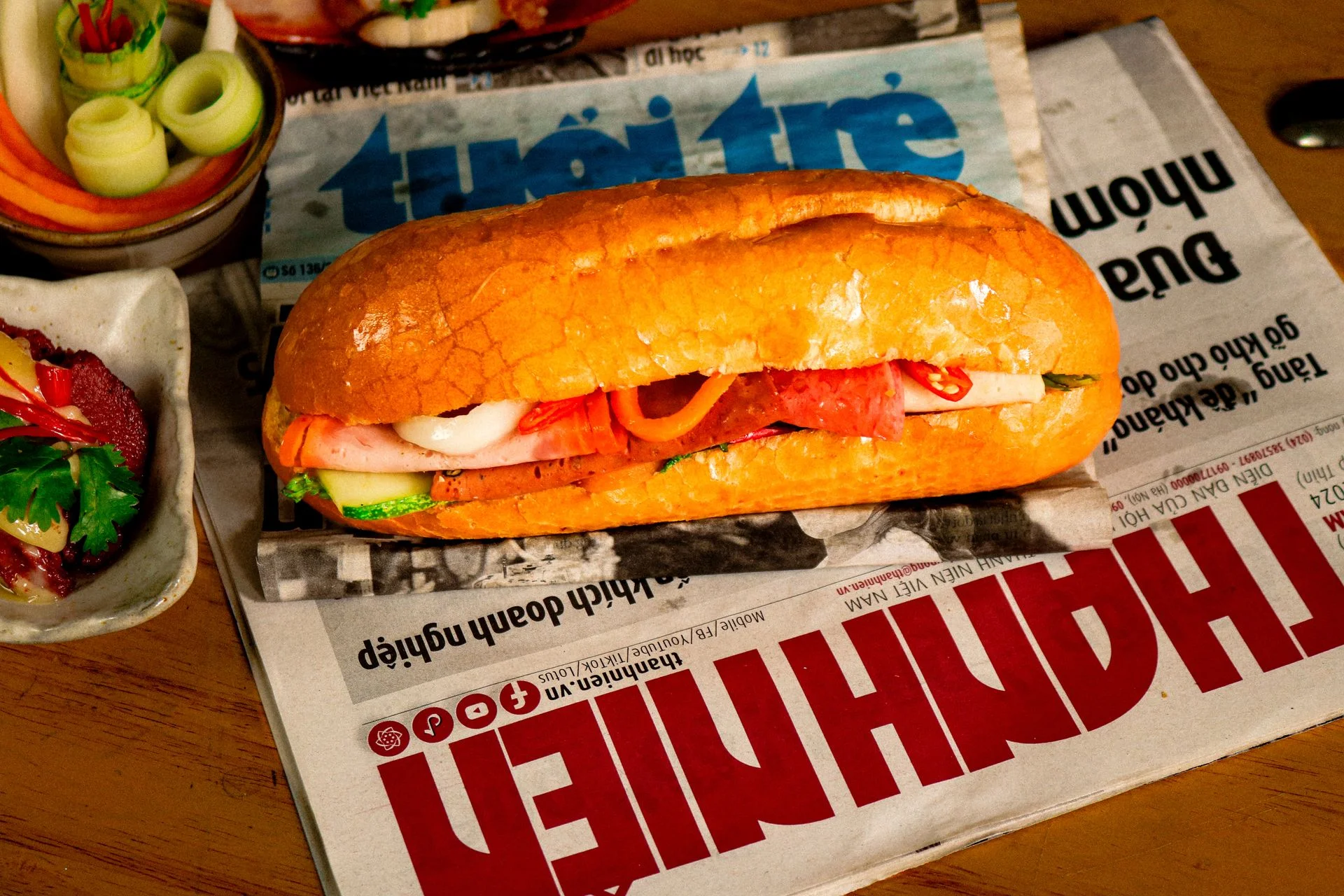 Banh mi sandwich with savory fillings and fresh vegetables